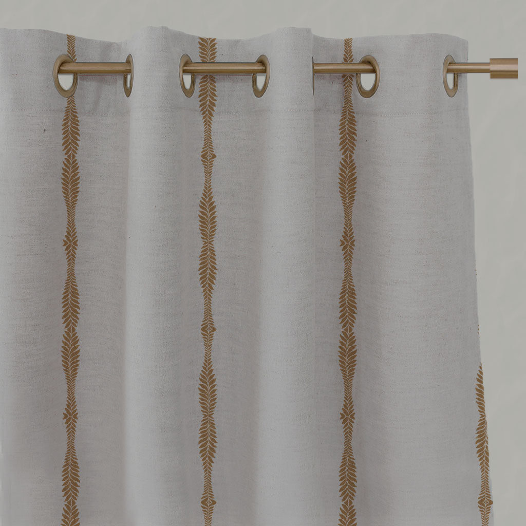Orange / Yellow Patterned Linen Eyelet Curtains - Irina Gold Ochre - Natural base fabric.