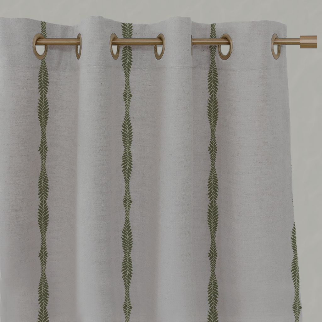 Green Patterned Linen Eyelet Curtains - Irina Khaki - Natural base fabric.