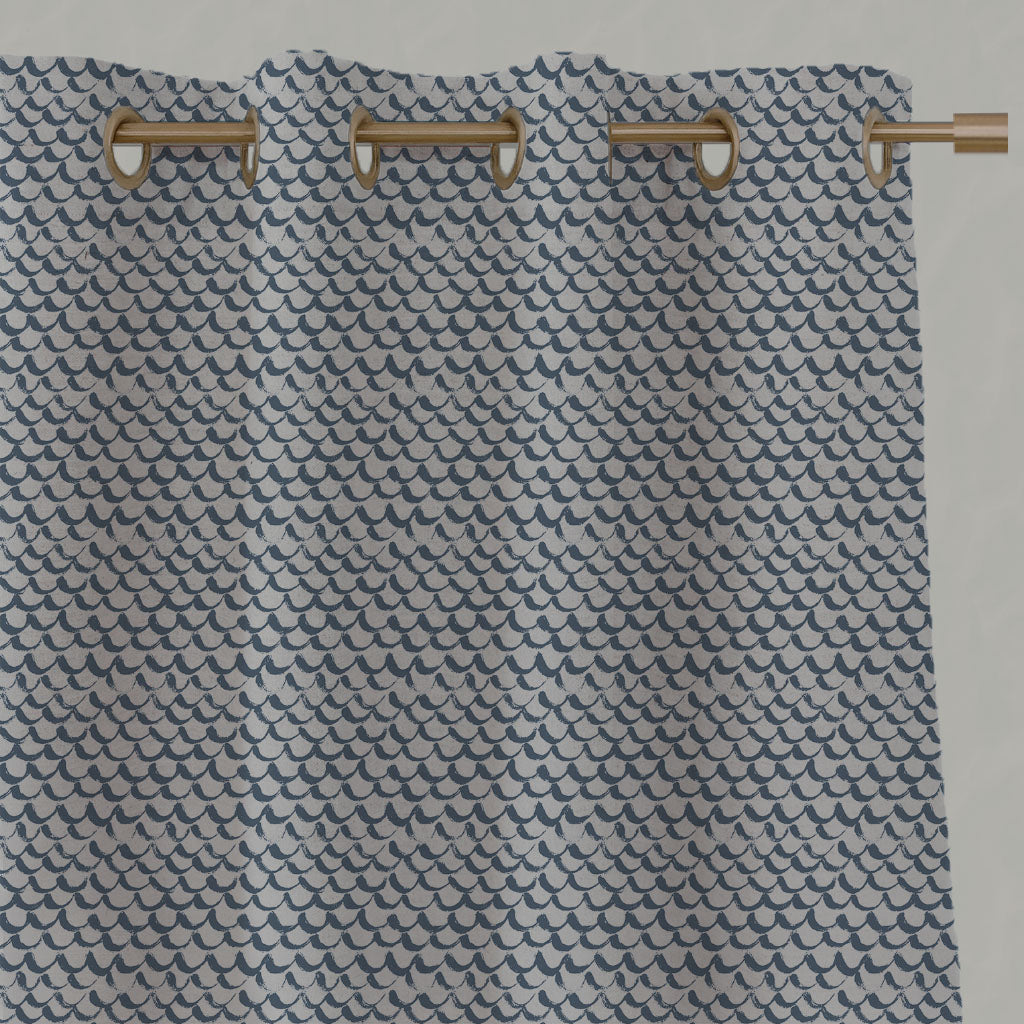 Blue Patterned Linen Eyelet Curtains - Jenna Denim - Natural base fabric.