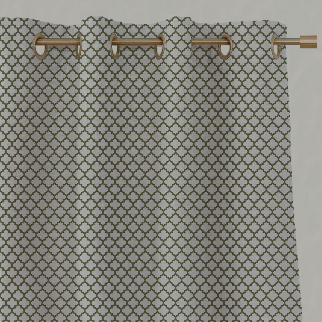 Green Patterned Linen Eyelet Curtains - Jonna Khaki - Natural base fabric.