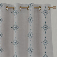 Blue Patterned Linen Eyelet Curtains - Kaisley Blue Stone - Natural base fabric.