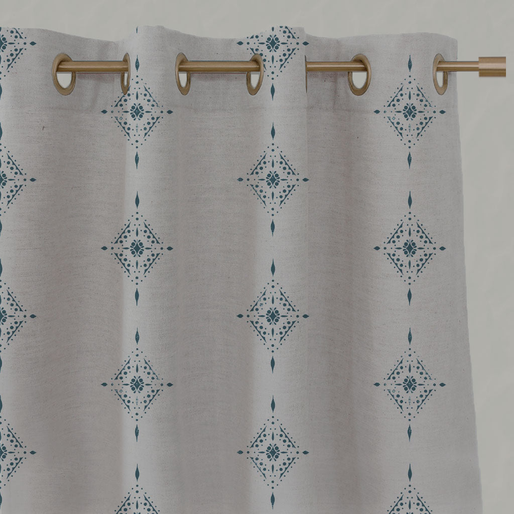 Blue Patterned Linen Eyelet Curtains - Kaisley Blue Stone - Natural base fabric.