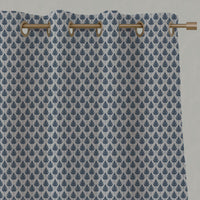 Blue Botanical Linen Eyelet Curtains - Kira-Nat Denim - Natural base fabric.