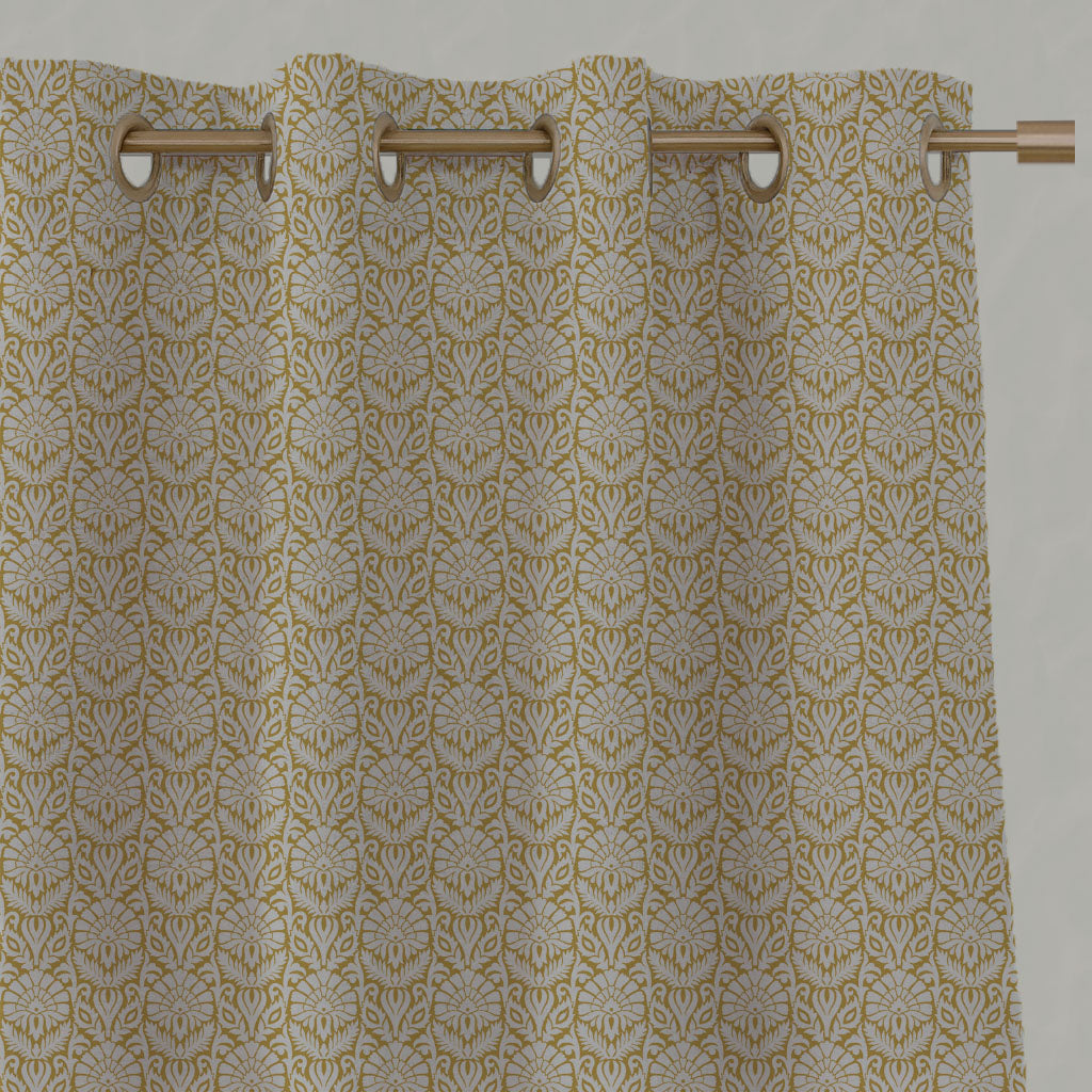 Yellow Patterned Linen Eyelet Curtains - Krista Mustard - Natural base fabric.