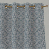 Blue Patterned Linen Eyelet Curtains - Krista True Blue - Natural base fabric.
