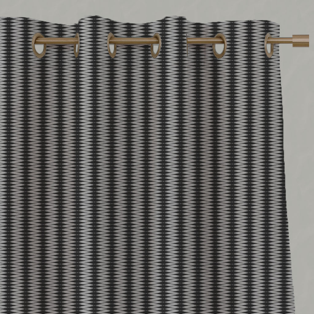 Black Patterned Linen Eyelet Curtains - Ksenia Noir - Natural base fabric.