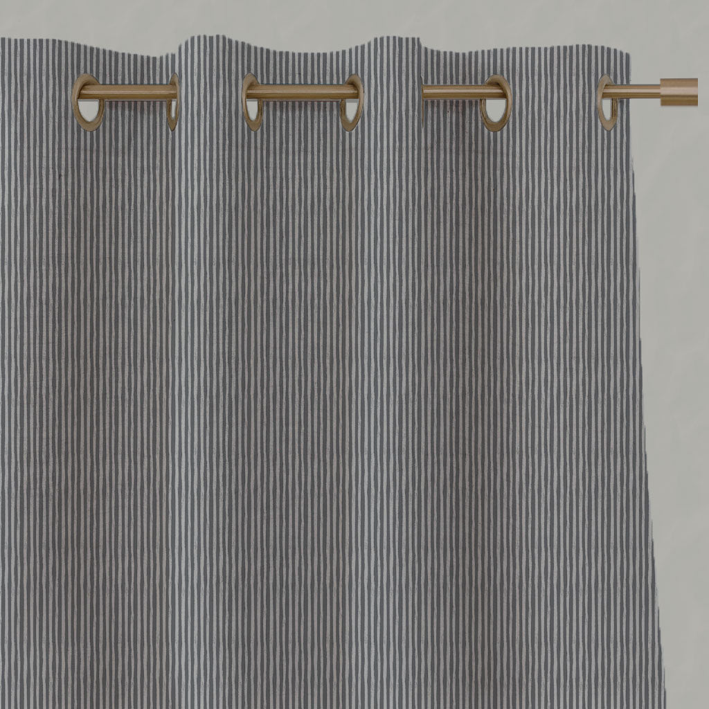 Grey Striped Linen Eyelet Curtains - Laila Ash - Natural base fabric.