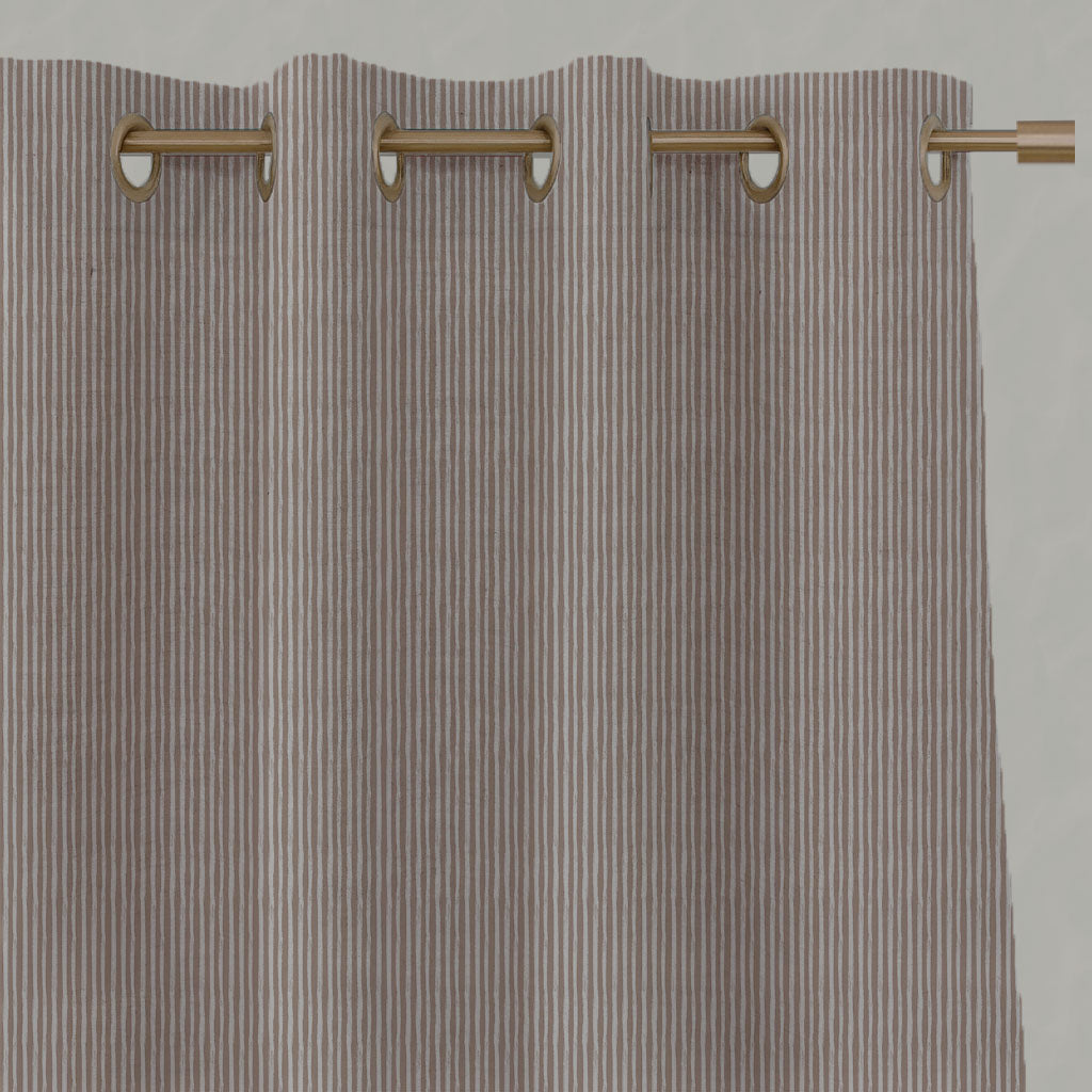 Pink Striped Linen Eyelet Curtains - Laila New Blush - Natural base fabric.