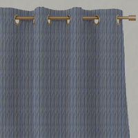 Blue Striped Linen Eyelet Curtains - Laila Night Blue - Natural base fabric.
