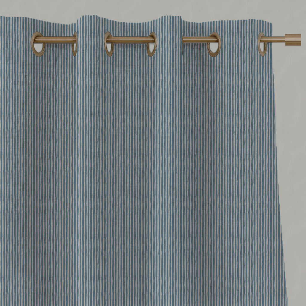 Blue Striped Linen Eyelet Curtains - Laila True Blue - Natural base fabric.