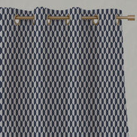 Blue Patterned Linen Eyelet Curtains - Lana Deep Blue - Natural base fabric.