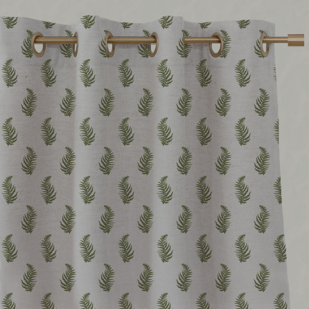 Green Botanical Linen Eyelet Curtains - Lena Khaki - Natural base fabric.