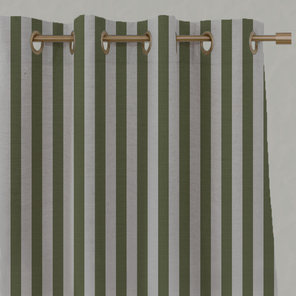 Green Striped Linen Eyelet Curtains - Liliana Khaki-NAT - Natural base fabric.