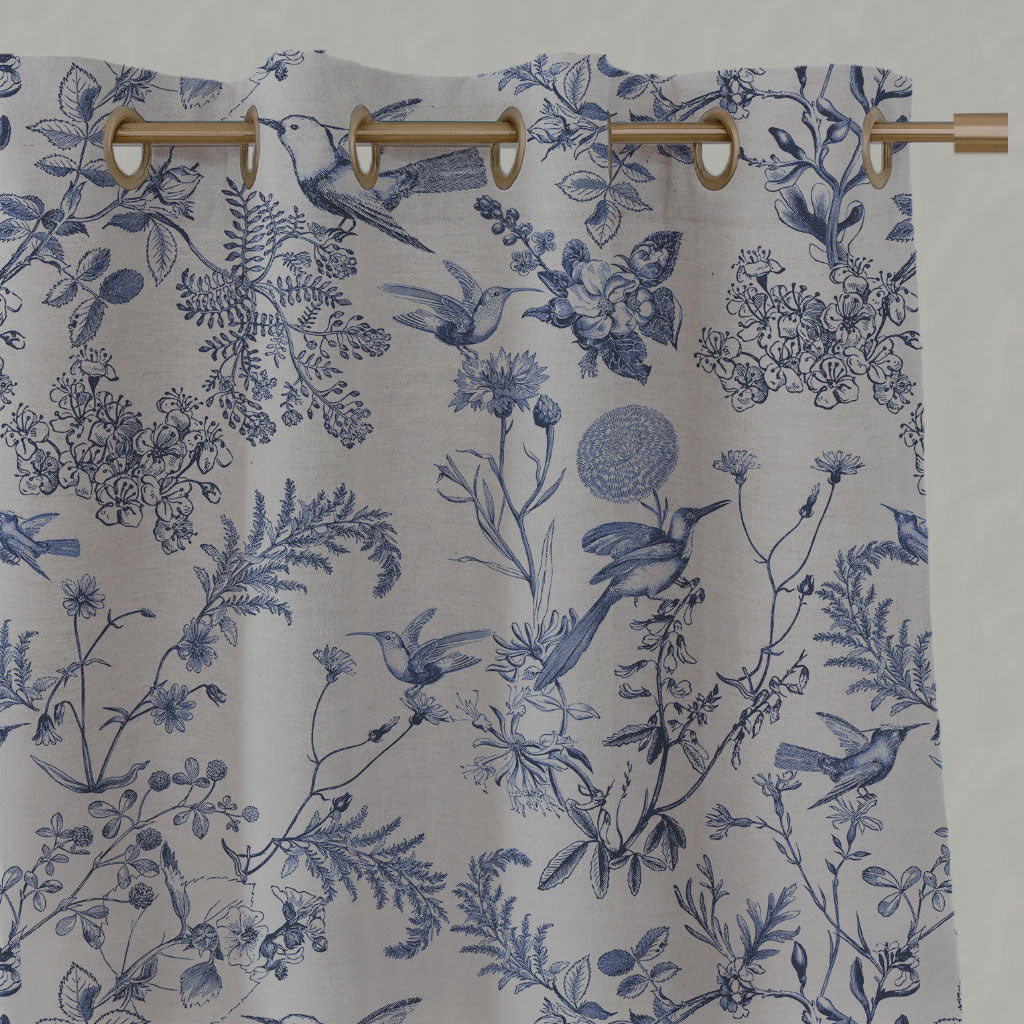 Blue Floral Linen Eyelet Curtains - Marianne-INV Deep Blue - Natural base fabric.