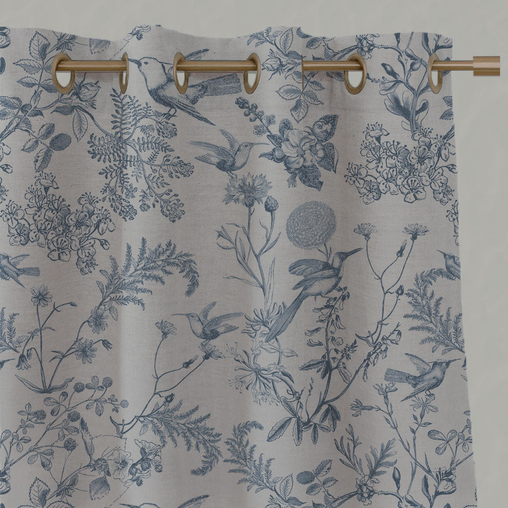 Blue Floral Linen Eyelet Curtains - Marianne-INV Denim - Natural base fabric.