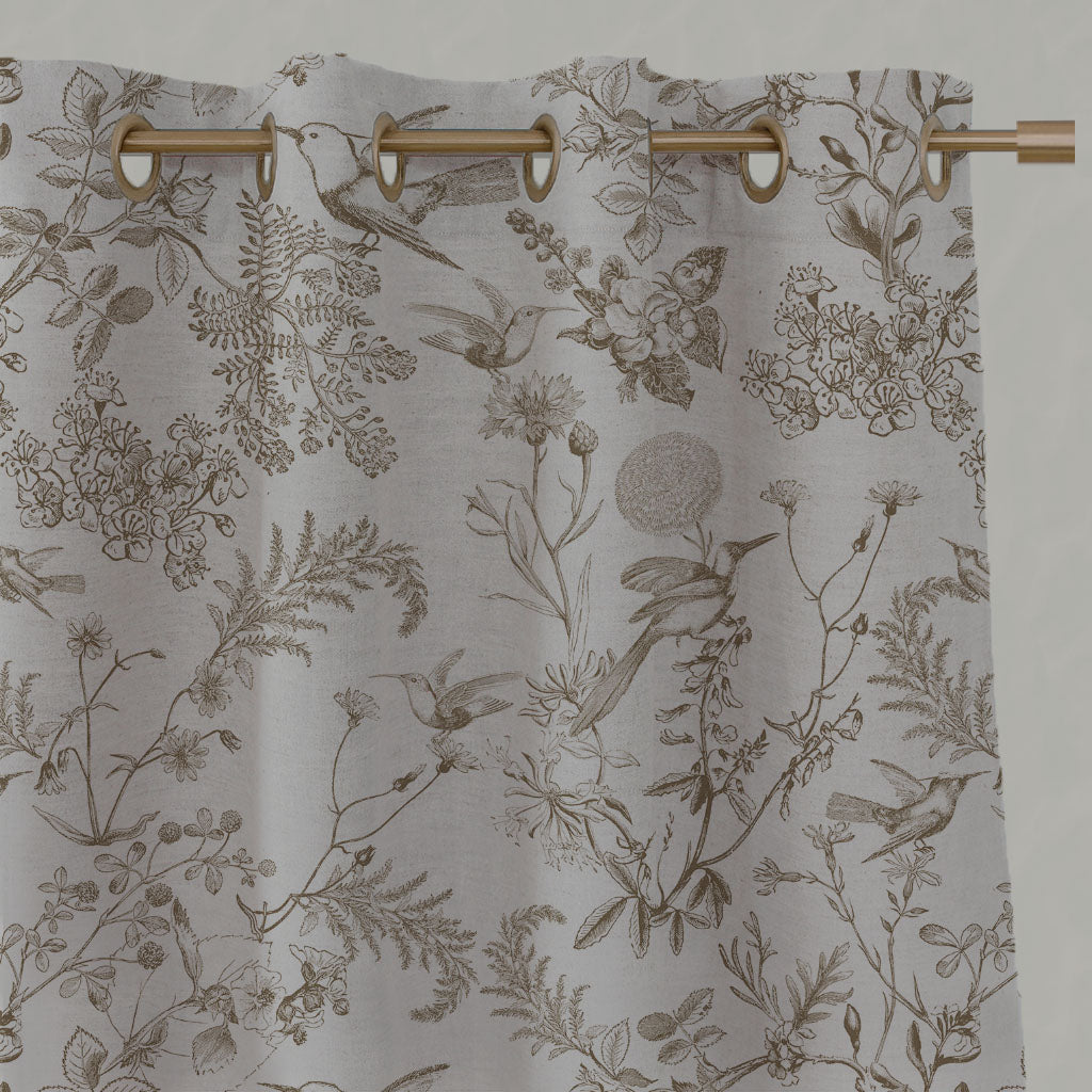 Brown Floral Linen Eyelet Curtains - Marianne-INV Sand - Natural base fabric.