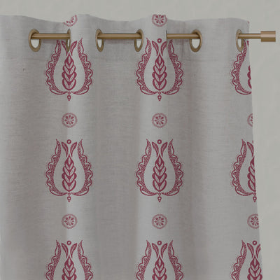 Red Patterned Linen Eyelet Curtains - Maya Cherry - Natural base fabric.