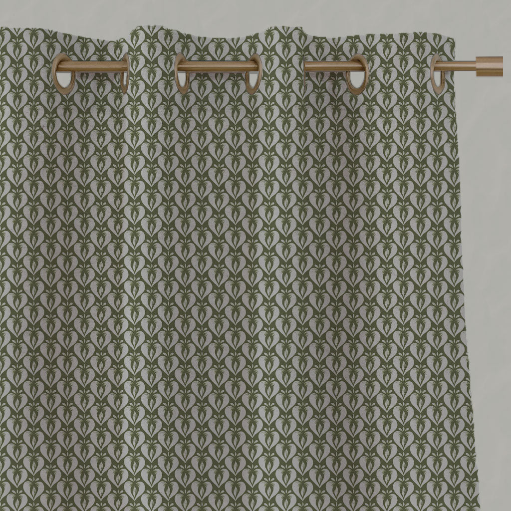 Green Patterned Linen Eyelet Curtains - Mimosa Khaki - Natural base fabric.