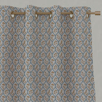 Blue / Orange / Yellow Floral Linen Eyelet Curtains - Miny Blue Ochre-INV - Natural base fabric.