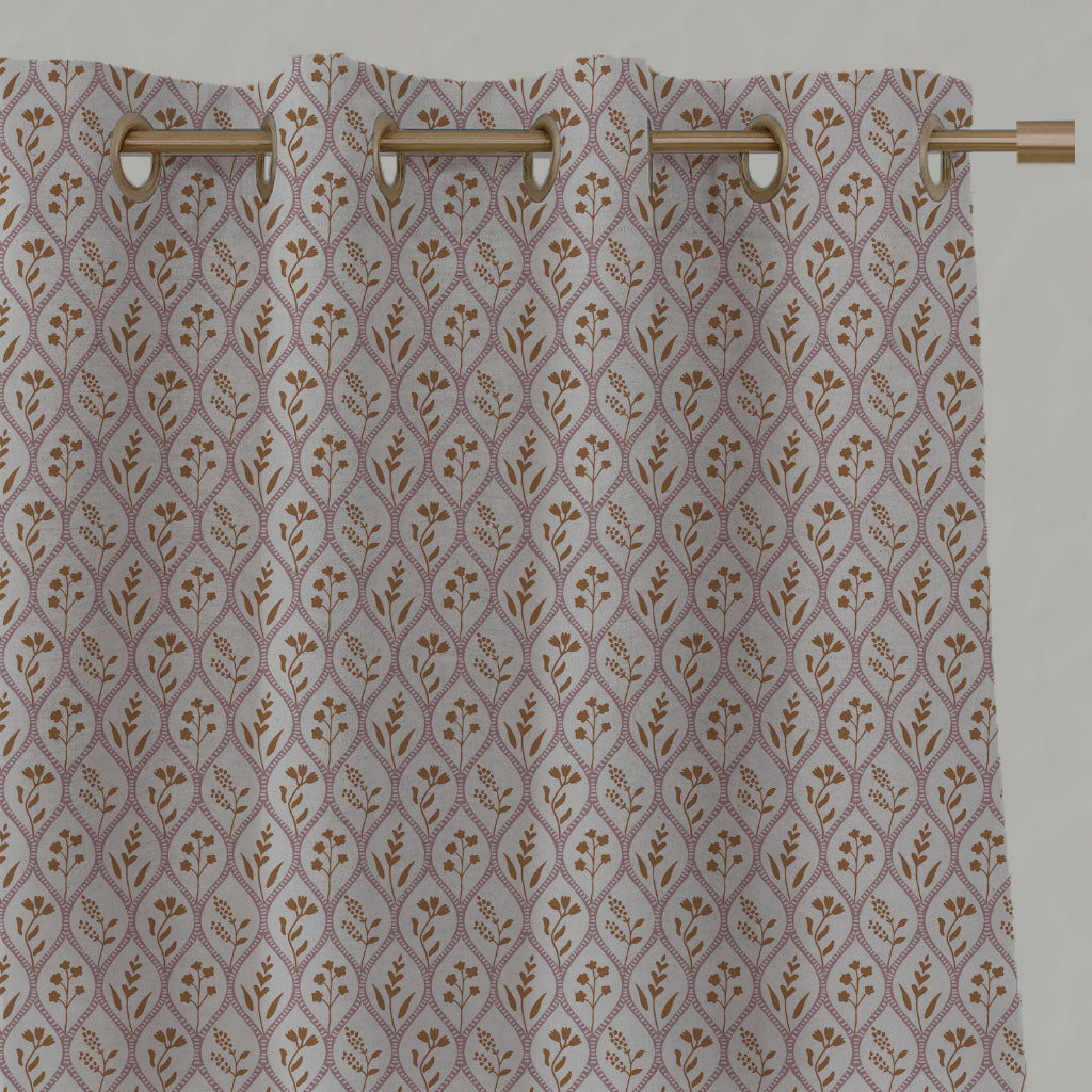 Pink / Orange / Yellow Floral Linen Eyelet Curtains - Miny Pink Ochre-INV - Natural base fabric.