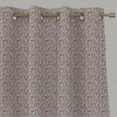 Pink / Orange / Yellow Floral Linen Eyelet Curtains - Miny Pink Ochre-INV - Natural base fabric.