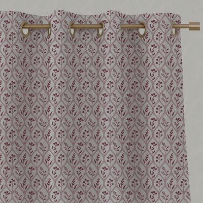 Red / Pink Floral Linen Eyelet Curtains - Miny Pink Wine-INV - Natural base fabric.