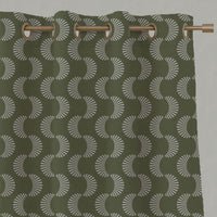 Green Patterned Linen Eyelet Curtains - Naja Khaki - Natural base fabric.