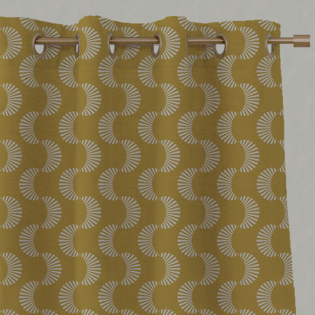 Yellow Patterned Linen Eyelet Curtains - Naja Mustard - Natural base fabric.