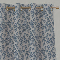 Blue Botanical Linen Eyelet Curtains - Nalini Denim - Natural base fabric.