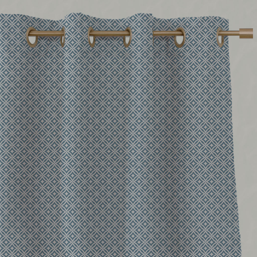 Blue Patterned Linen Eyelet Curtains - Nella True Blue - Natural base fabric.