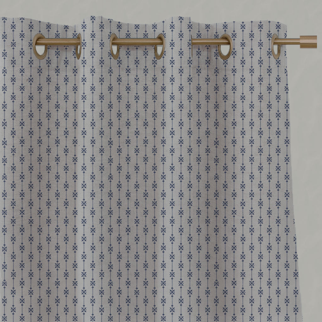Blue Patterned Linen Eyelet Curtains - Nikolet Night Blue - Natural base fabric.