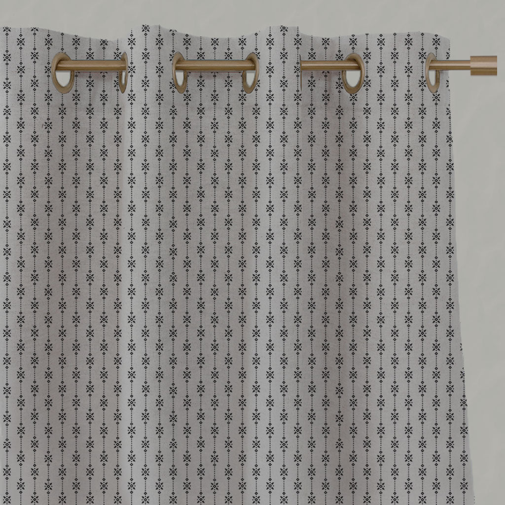 Black Patterned Linen Eyelet Curtains - Nikolet Noir - Natural base fabric.
