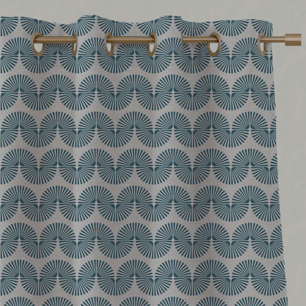 Blue Patterned Linen Eyelet Curtains - Ofira Blue Stone - Natural base fabric.