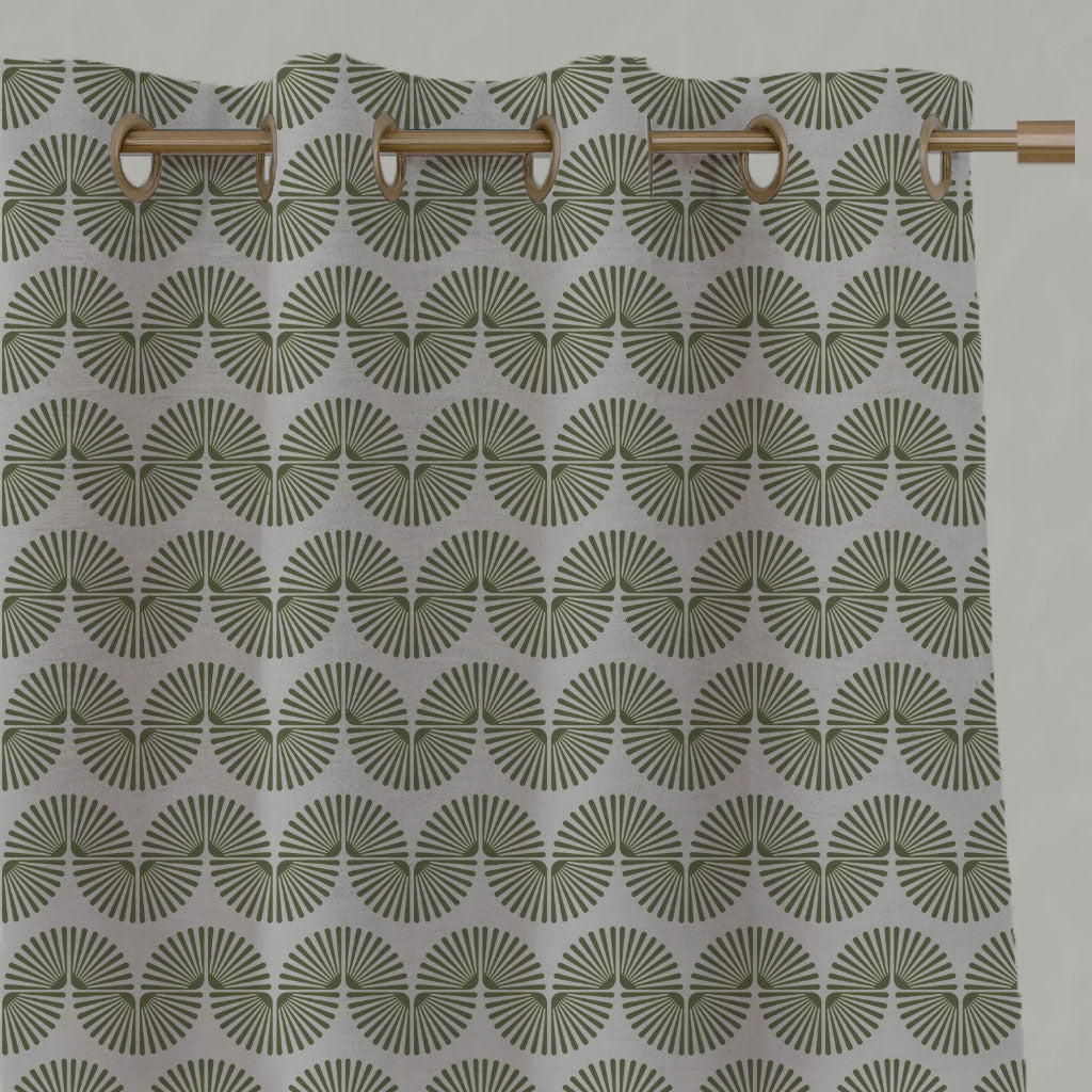 Green Patterned Linen Eyelet Curtains - Ofira Khaki - Natural base fabric.