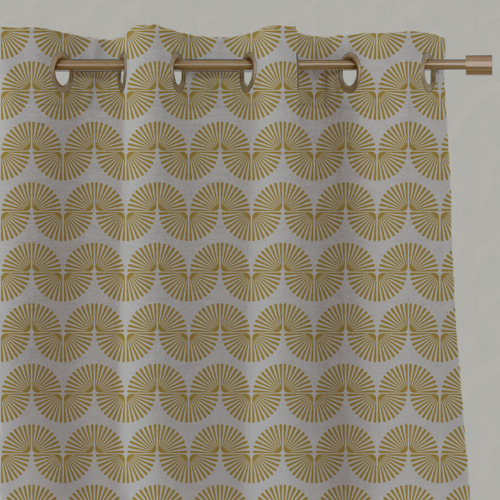 Yellow Patterned Linen Eyelet Curtains - Ofira Mustard - Natural base fabric.