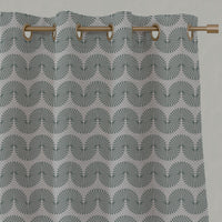 Green Patterned Linen Eyelet Curtains - Ofira Sage - Natural base fabric.
