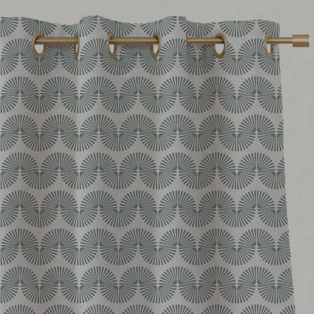 Green Patterned Linen Eyelet Curtains - Ofira Sage - Natural base fabric.