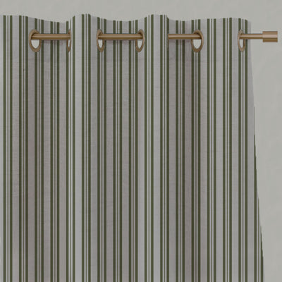 Green Striped Linen Eyelet Curtains - Olga Khaki - Natural base fabric.