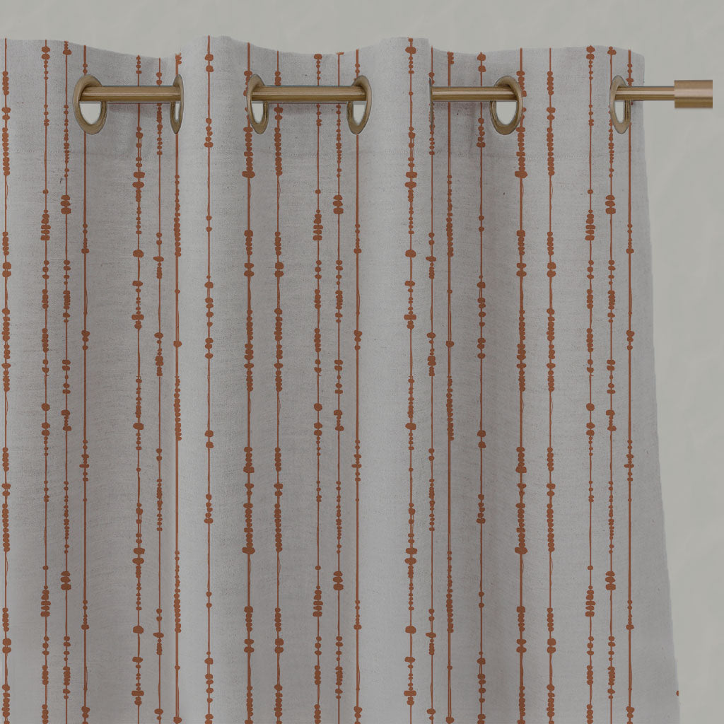 Orange Patterned Linen Eyelet Curtains - Pearls Burnt Orange - Natural base fabric.