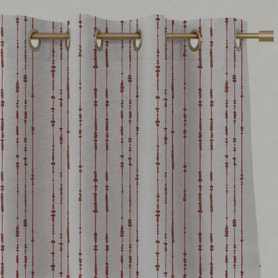 Red Patterned Linen Eyelet Curtains - Pearls Crimson Red - Natural base fabric.