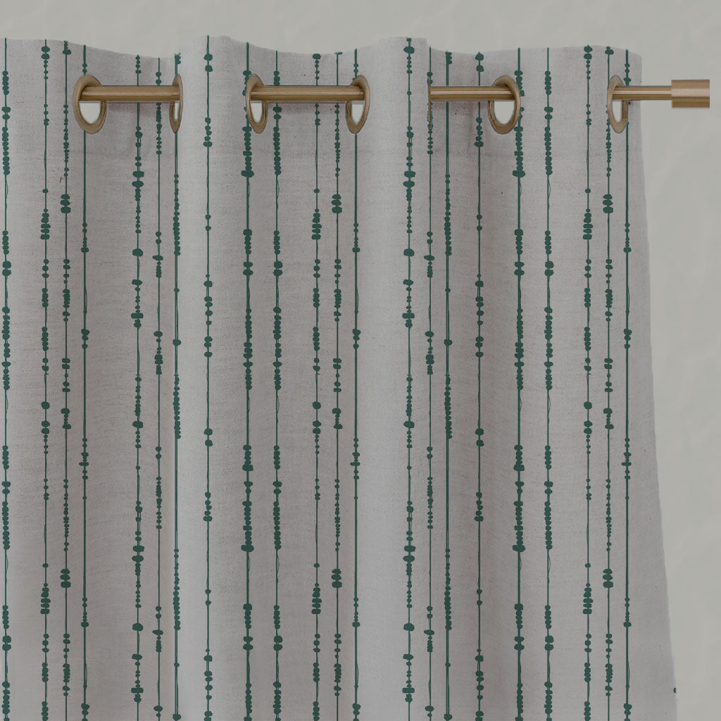 Green Patterned Linen Eyelet Curtains - Pearls Fern - Natural base fabric.