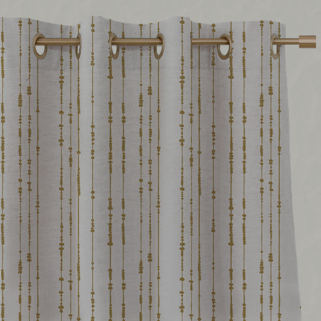 Yellow Patterned Linen Eyelet Curtains - Pearls Gold Rod - Natural base fabric.