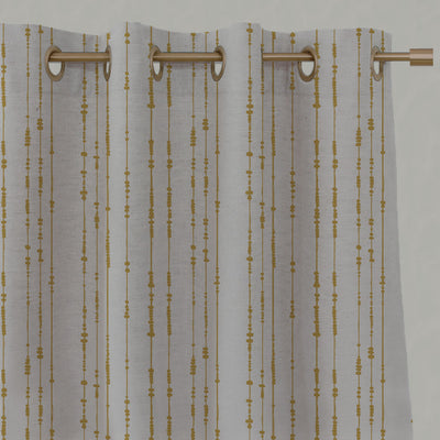 Yellow Patterned Linen Eyelet Curtains - Pearls Mustard - Natural base fabric.