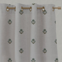 Green Floral Linen Eyelet Curtains - Penelope Sage Green - Natural base fabric.
