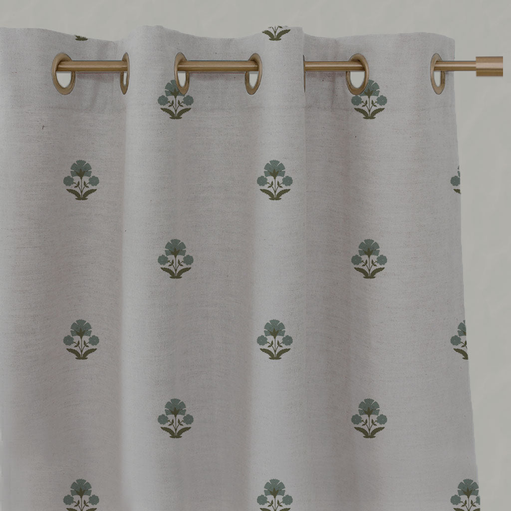 Green Floral Linen Eyelet Curtains - Penelope Sage Green - Natural base fabric.