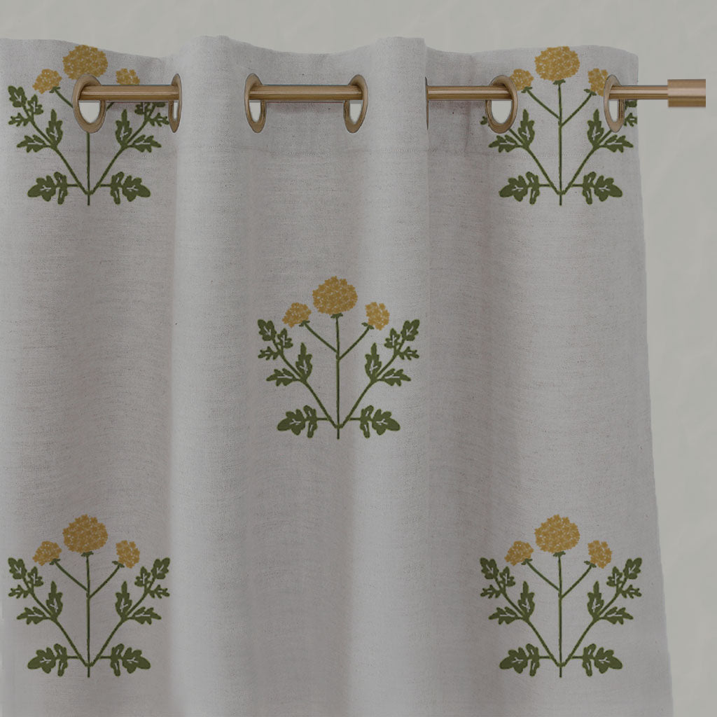 Yellow Botanical Linen Eyelet Curtains - Pernille Honey - Natural base fabric.