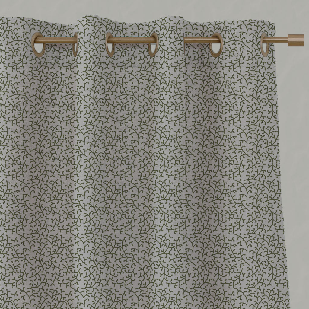 Green Botanical Linen Eyelet Curtains - Phila Khaki - Natural base fabric.