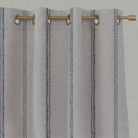 Blue Striped Linen Eyelet Curtains - Rae Deep Blue - Natural base fabric.