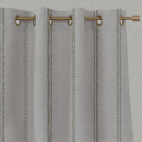 Green Striped Linen Eyelet Curtains - Rae Moss - Natural base fabric.