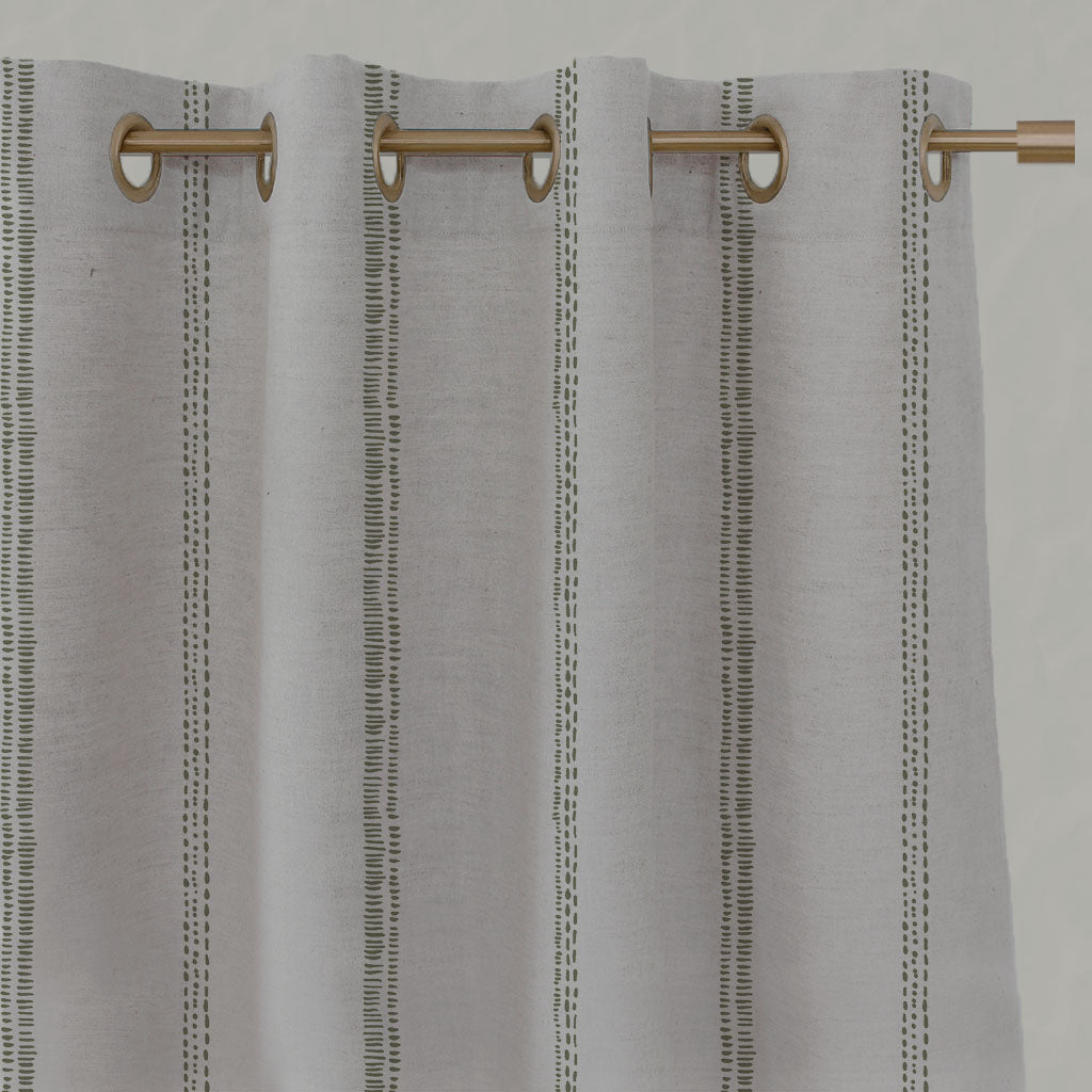 Green Striped Linen Eyelet Curtains - Rae Moss - Natural base fabric.